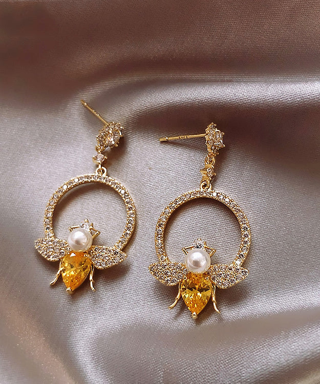 Chic Yellow Alloy Crystal Zircon Bee Hoop Earrings