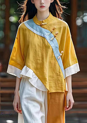 Chic Yellow Asymmetrical Patchwork Linen Oriental Top Summer