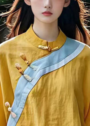 Chic Yellow Asymmetrical Patchwork Linen Oriental Top Summer