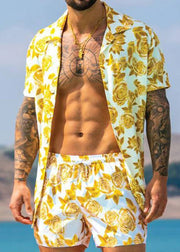 Chic Yellow Button Print Cotton Men Two Pieces Set Short Sleeve