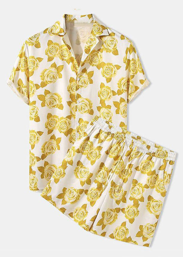 Chic Yellow Button Print Cotton Men Two Pieces Set Short Sleeve