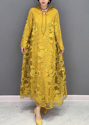 Chic Yellow Embroideried Neck Tie Tulle Maxi Dresses Long Sleeve