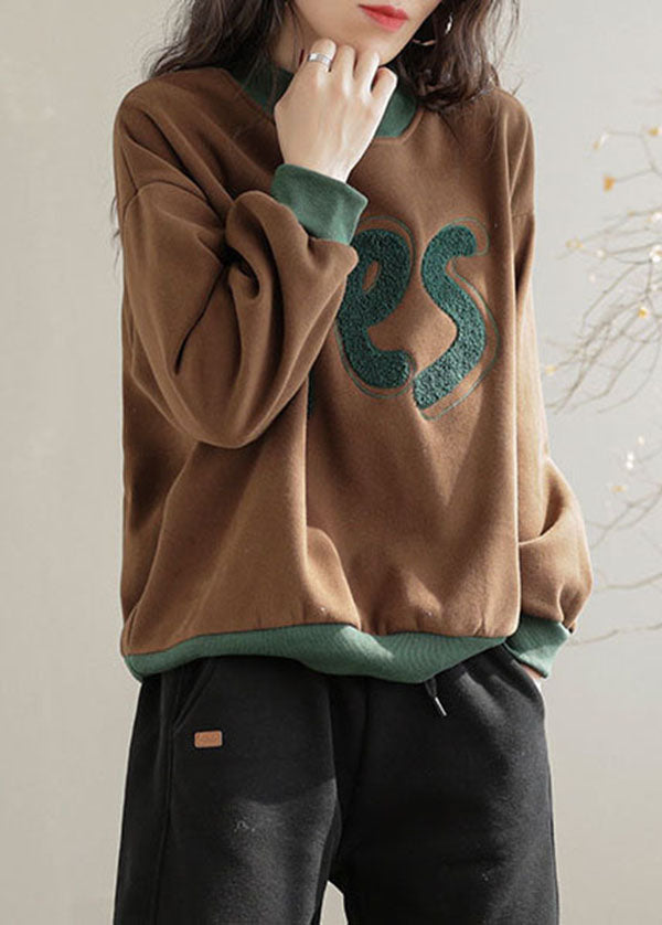 Chic Yellow Embroideried Patchwork Warm Fleece Pullover Sweatshirt Spring