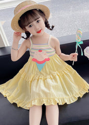 Chic Yellow Embroideried Ruffled Patchwork Girls Slip Mid Dress Sleeveless