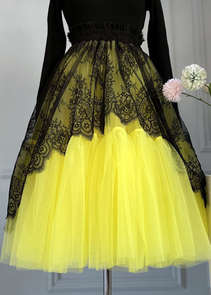 Chic Yellow Lace Elastic Waist Patchwork Tulle Skirts Summer