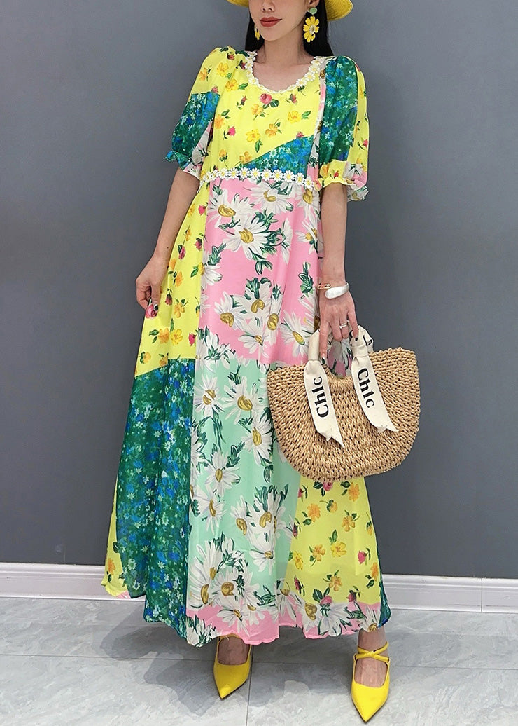 Chic Yellow O-Neck Print Patchwork Cotton Long Dress Summer