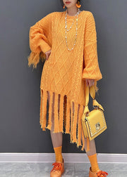 Chic Yellow O-Neck Tassel Knit Long Dresses Fall