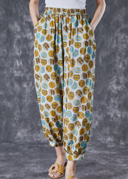 Chic Yellow Oversized Print Pockets Linen Silk Pants Summer