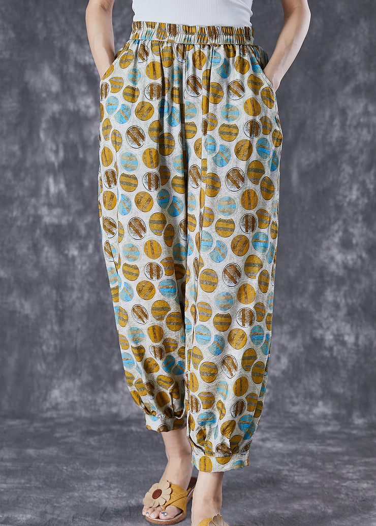 Chic Yellow Oversized Print Pockets Linen Silk Pants Summer