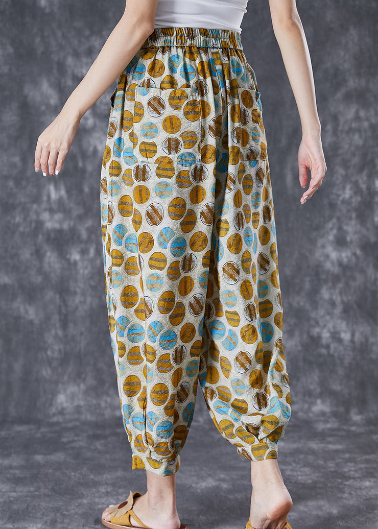 Chic Yellow Oversized Print Pockets Linen Silk Pants Summer