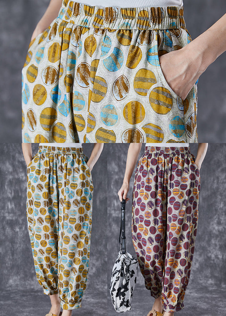 Chic Yellow Oversized Print Pockets Linen Silk Pants Summer