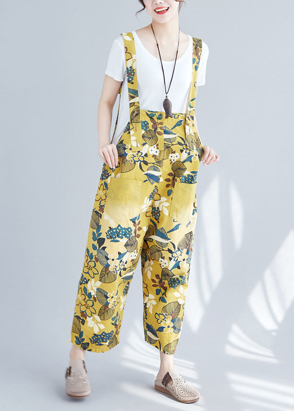 Chic Yellow Pockets Print Denim Crop Wide Leg Jumpsuit Spring