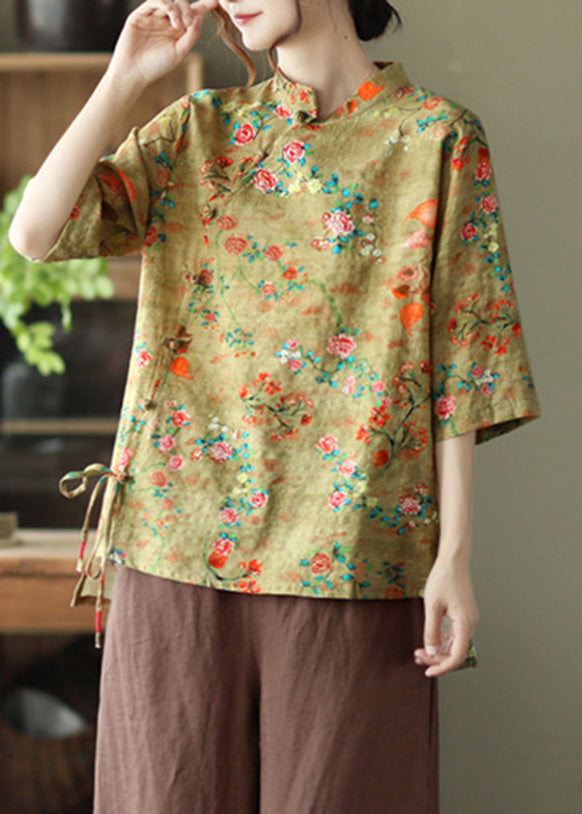 Chic Yellow Print Tie Waist Shirts Half Sleeve