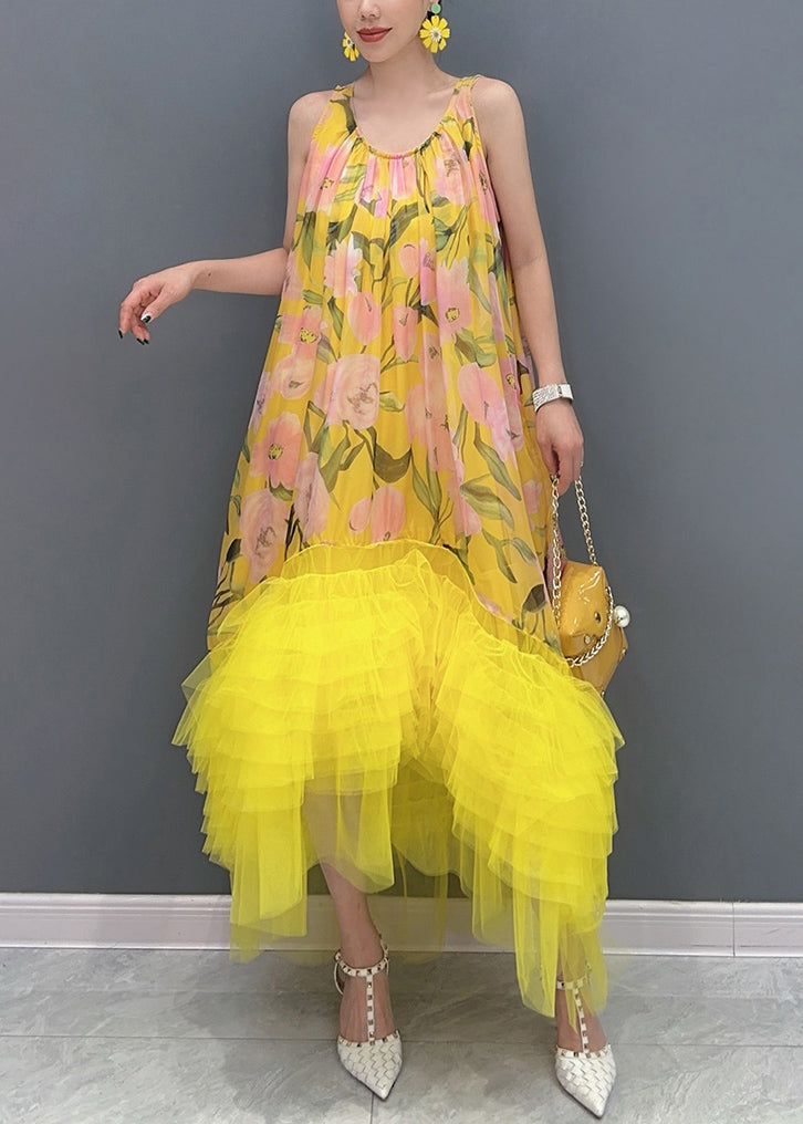 Chic Yellow Print Tulle Patchwork Long Dress Sleeveless