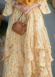 Chic Yellow Ruffled Print Chiffon Dress Flare Sleeve
