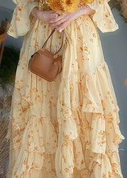 Chic Yellow Ruffled Print Chiffon Dress Flare Sleeve