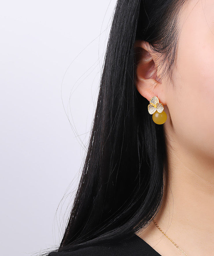 Chic Yellow Sterling Silver Overgild Beeswax Floral Stud Earrings