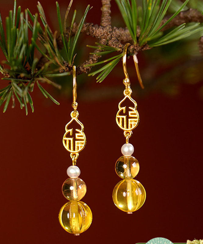 Chic Yellow Sterling Silver Overgild Pearl Crystal Amber Graphic Drop Earrings