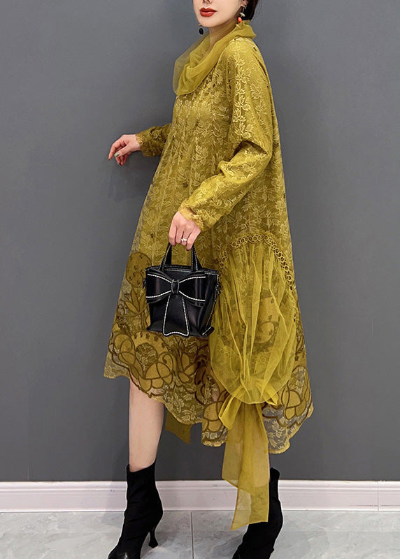 Chic Yellow Turtleneck Embroideried Tulle Holiday Dress Long Sleeve