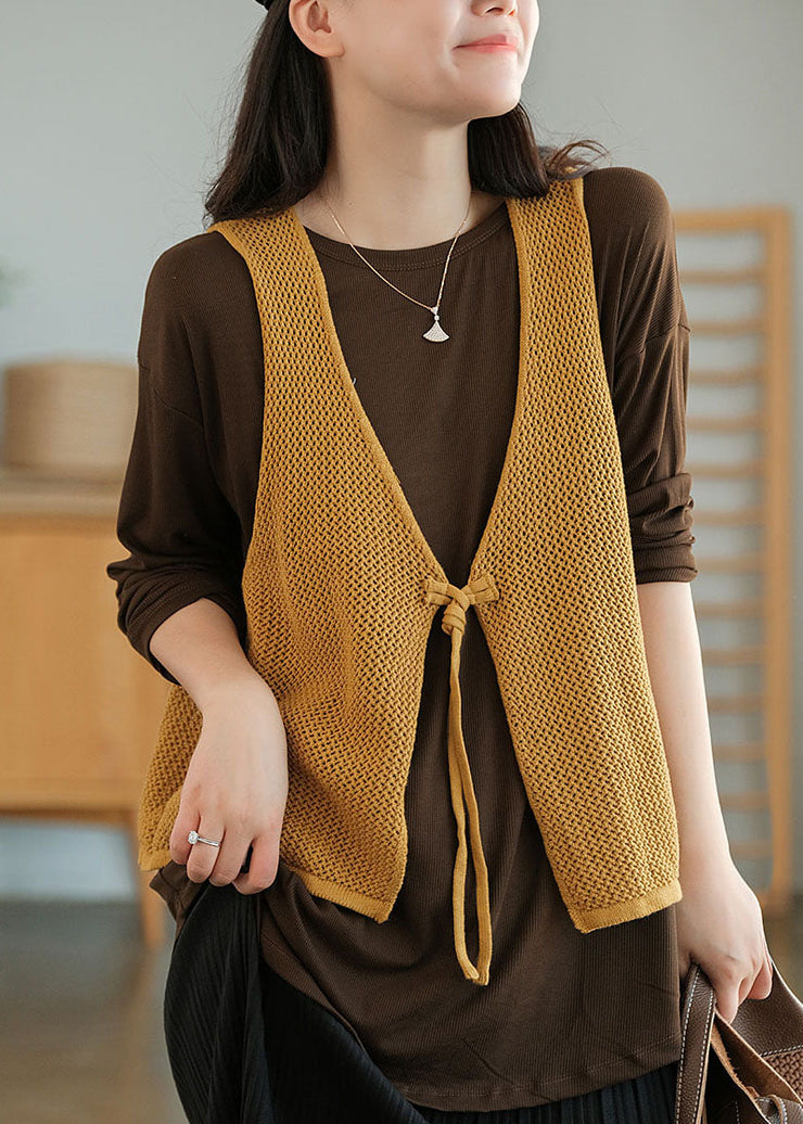 Chic Yellow V Neck Hollow Out Tie Waist Knit Vests Fall