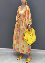 Chic Yellow V Neck Plaid Silk Long Dress Lantern Sleeve