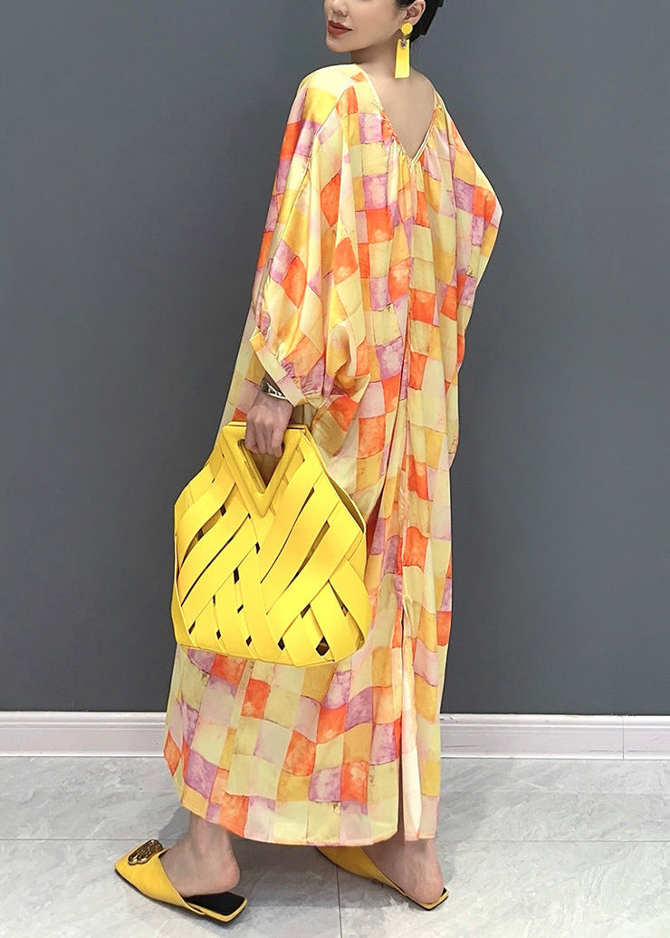 Chic Yellow V Neck Plaid Silk Long Dress Lantern Sleeve