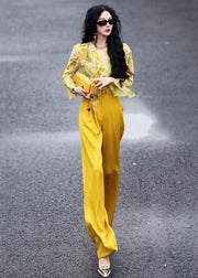 Chic Yellow V Neck Print Chiffon Shirts And Wide Leg Pants Two Pieces Set Fall