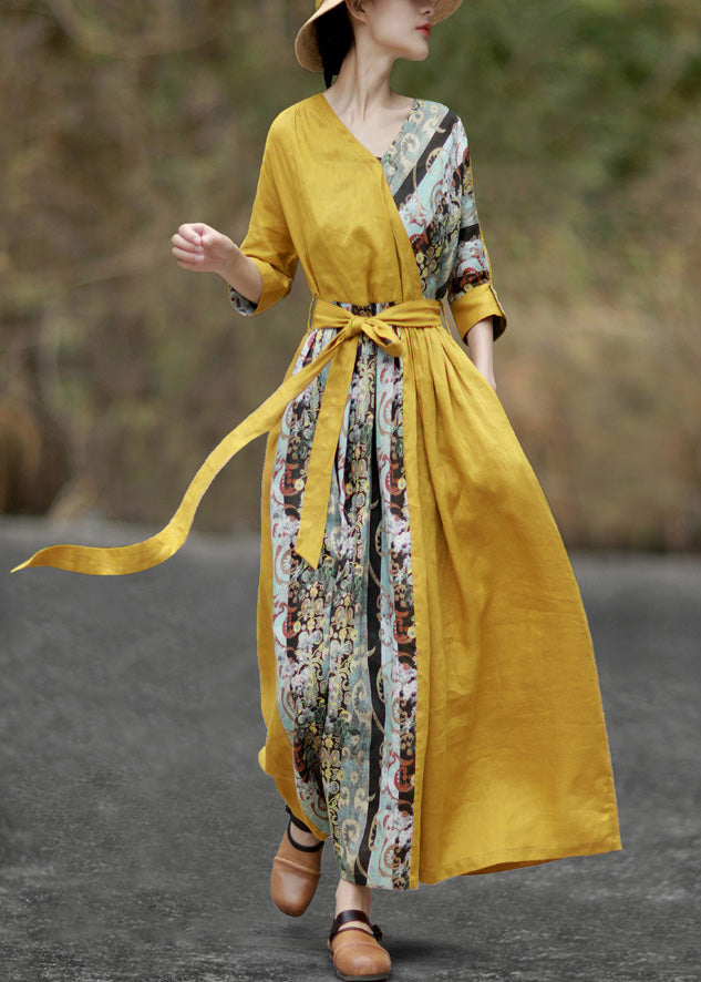 Chic Yellow V Neck Tie Waist Patchwork Cotton Maxi Dresses Half Sleeve