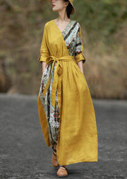 Chic Yellow V Neck Tie Waist Patchwork Cotton Maxi Dresses Half Sleeve