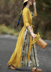 Chic Yellow V Neck Tie Waist Patchwork Cotton Maxi Dresses Half Sleeve