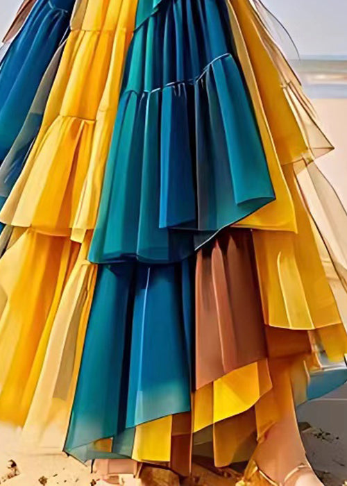 Chic Yellow Wrinkled Elastic Waist Tulle Patchwork Skirts Summer