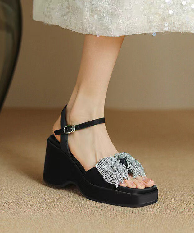 Chic Zircon Bow Splicing Wedge Sandals Blue Cowhide Leather