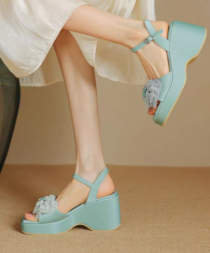 Chic Zircon Bow Splicing Wedge Sandals Blue Cowhide Leather