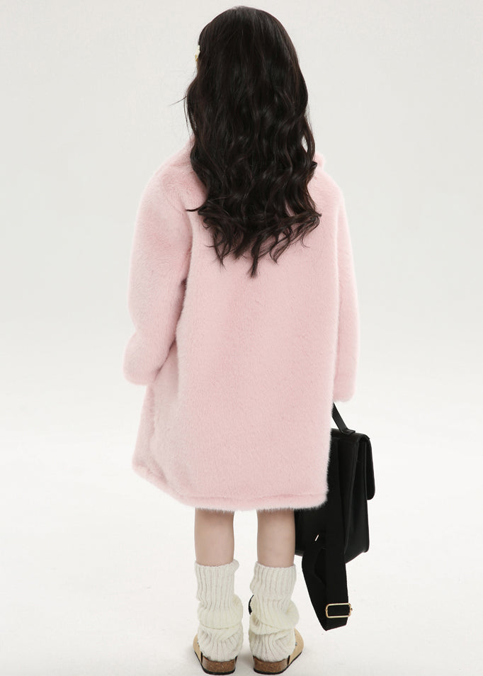 Chice Pink Asymmetrical Peter Pan Collar Kids Mink Velvet Long Woolen Coats Winter