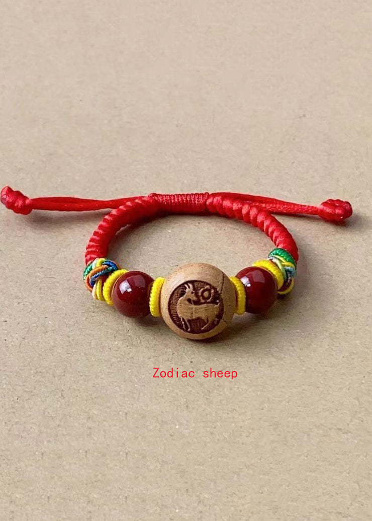 Children Cinnabar Peach Wood Zodiac Hand Woven Bracelet