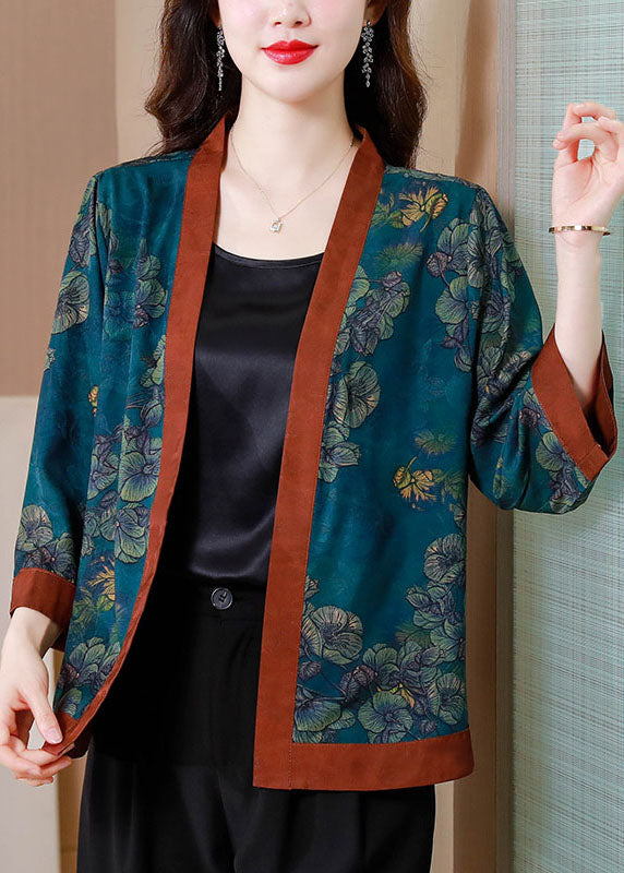 Chinese Styl Blue Print Patchwork Silk Cardigan Summer