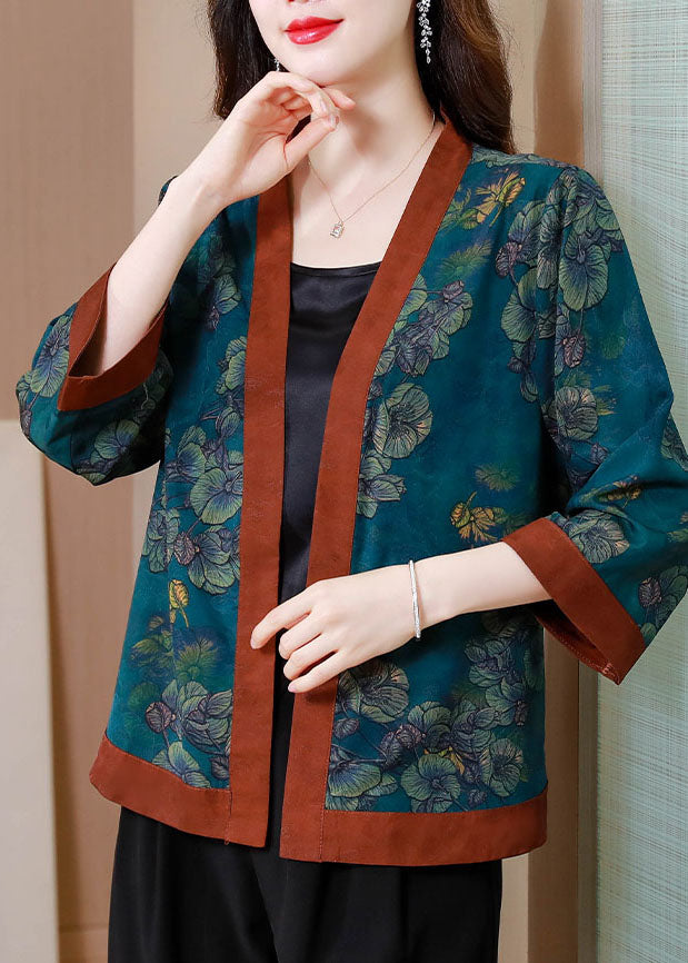 Chinese Styl Blue Print Patchwork Silk Cardigan Summer