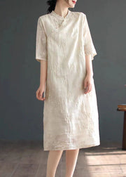 Chinese Style Apricot Embroideried Button Patchwork Linen Dress Summer