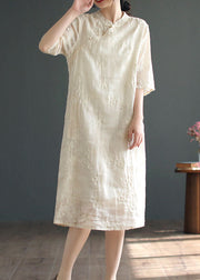 Chinese Style Apricot Embroideried Button Patchwork Linen Dress Summer