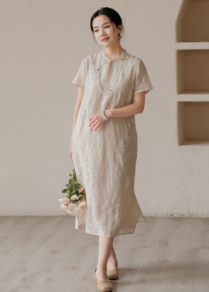 Chinese Style Apricot Embroideried Patchwork Linen Dress Summer