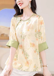 Chinese Style Apricot O-Neck Jacquard Lace Up Silk Top Summer