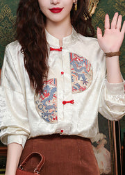 Chinese Style Apricot Stand Collar Embroidered Silk Shirt Long Sleeve