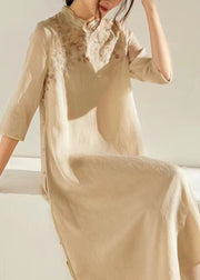 Chinese Style Apricot Stand Collar Embroideried Patchwork Silk Dress Summer