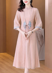 Chinese Style Apricot Stand Collar Embroidered Patchwork Tie Waist Silk Maxi Dress Long Sleeve