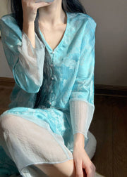 Chinese Style Baby Blue V Neck Patchwork Jacquard Ice Silk Pajamas Two Piece Set Long Sleeve