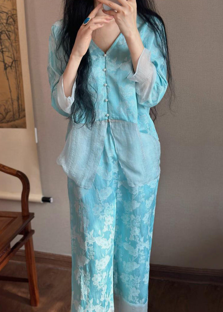 Chinese Style Baby Blue V Neck Patchwork Jacquard Ice Silk Pajamas Two Piece Set Long Sleeve