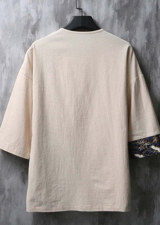 Chinese Style Beige Embroidered Patchwork Linen Mens T Shirts Summer