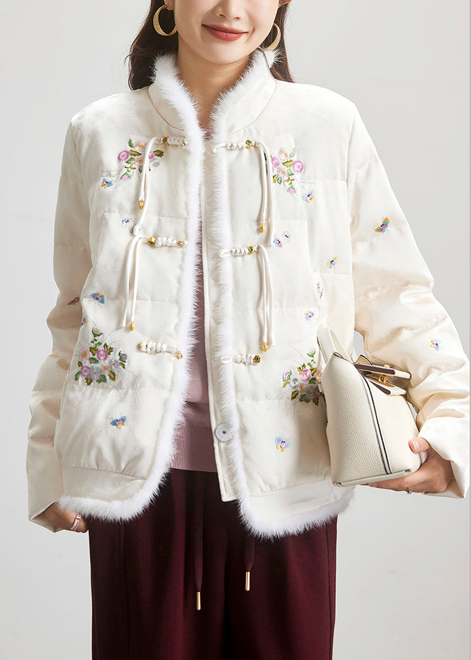 Chinese Style Beige Embroidered Button Duck Down Parka Long Sleeve