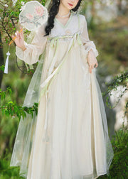 Chinese Style Beige Embroideried Lace Up Patchwork Chiffon Long Dresses Summer