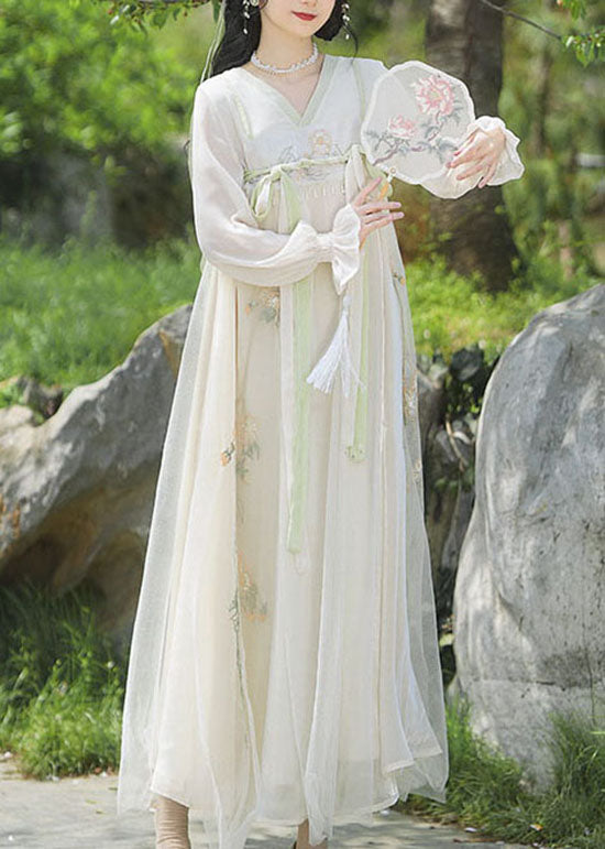 Chinese Style Beige Embroideried Lace Up Patchwork Chiffon Long Dresses Summer